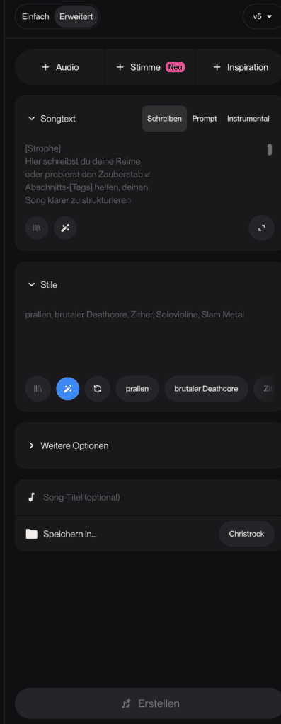 KI Blasmusik Suno Oberfläche